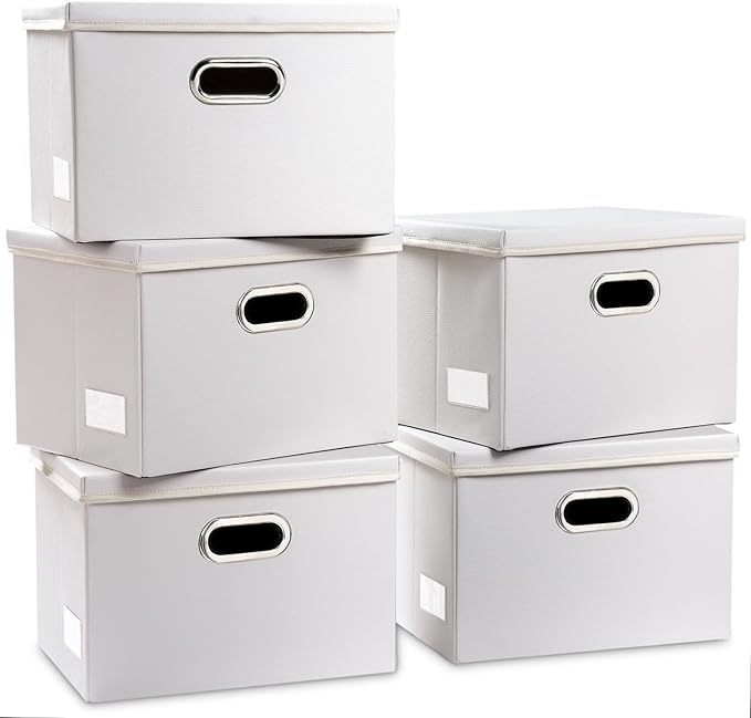 PRANDOM Foldable Storage Bins with Lids [5-Pack] Leather Fabric Collapsible Storage Boxes Organizer Containers Baskets Cube with Cover for Bedroom Closet Office Nursery White (14.9x10.8x10)-Ruum Studio Home