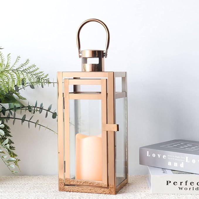 TRIROCKS Stainless Steel Decorative Lantern 12'' High Metal Candle Holder with Clear Glass Panels Perfect for Home Decor Living Room Parties Events Tabletop Indoors Outdoors (Rose Gold)-Ruum Studio Home