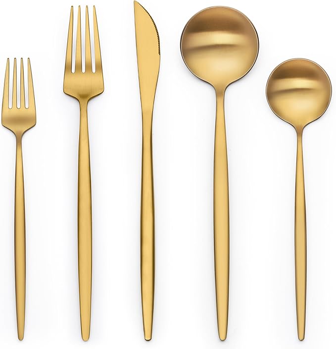 40 Piece Gold Silverware Set for 8, Terlulu Stainless Steel Flatware Set, Gold Cutlery Set Utensils Set, Tableware Include Forks Knives Spoons for Home Kitchen Restaurant Wedding, Satin Finish-Ruum Studio Home