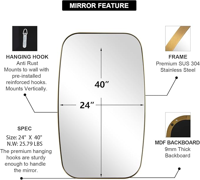 ANDY STAR 24x40” Gold Bathroom Mirror, Oblong Brass Mirror with Stainless Steel Metal Frame, Brushed Gold Oval Vanity Mirror for Over Sink, Modern Anti Rust Wall Mounted-Ruum Studio Home