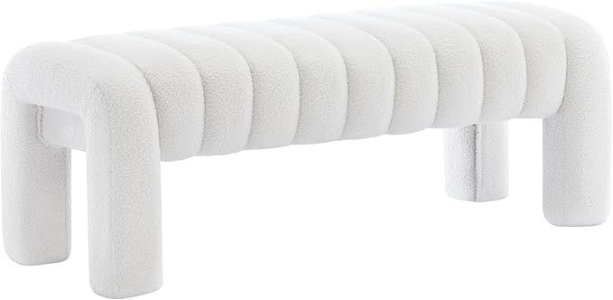 43.3" Bedroom Bench, Upholstered Entryway Bench, Modern End of Bed Ottoman with Solid Wood Legs and Adjustable Foot Pegs for Entryway, Dining Room and Living Room (White Teddy)-Ruum Studio Home