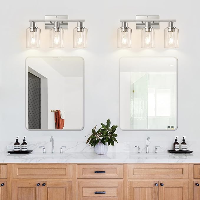 3-Light Bathroom Light Fixtures, Brushed Nickel Vanity Lights with Clear Glass Shades, Modern Bathroom Wall Lamp for Mirror Living Room Cabinet Bedroom Porch-Ruum Studio Home