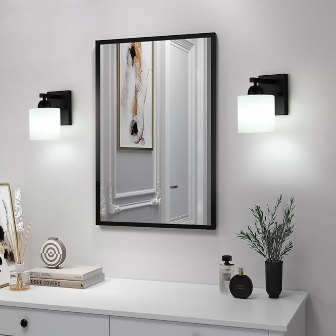 Matte Black Milk Glass Wall Sconces, 1 Pack Hardwired Indoor Wall Light Fixtures for Living Room, Hallway, Bedroom, Ceramic E26 Sockets (Bulbs Not Included)-Ruum Studio Home