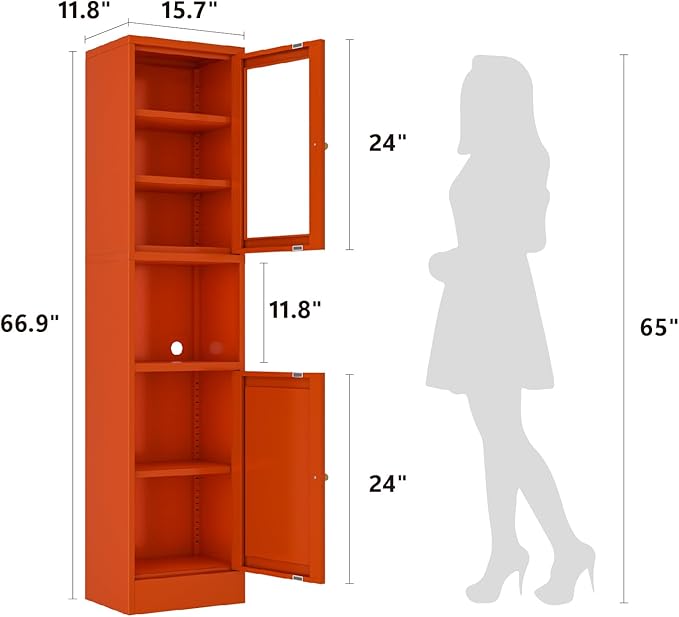 67" Tall Bathroom Storage Cabinet, Narrow Metal Floor Cabinet with Glass Door and Adjustable Shelves, Freestanding Metal Locker for Laundry, Kitchen, Dining Room-Ruum Studio Home