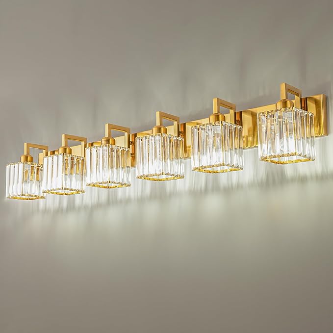 Modern Crystal Bathroom Vanity Light - 6-Lights Gold Brushed Brass Finish Wall Lamp-Ruum Studio Home