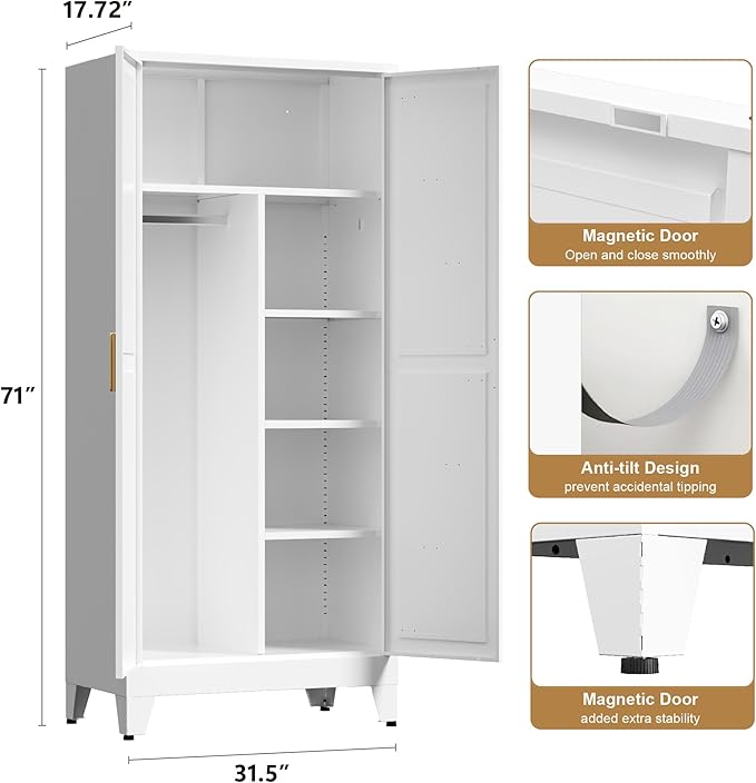 71'' Farmhouse Metal Wardrobe Cabinet with Hanging Rod, 2 Barn Door Wardrobe Closet with 5 Adjustable Shelves,Drawer,for Dining Room,Bedroom,Living Room, Cloak Room,Office (White)-Ruum Studio Home