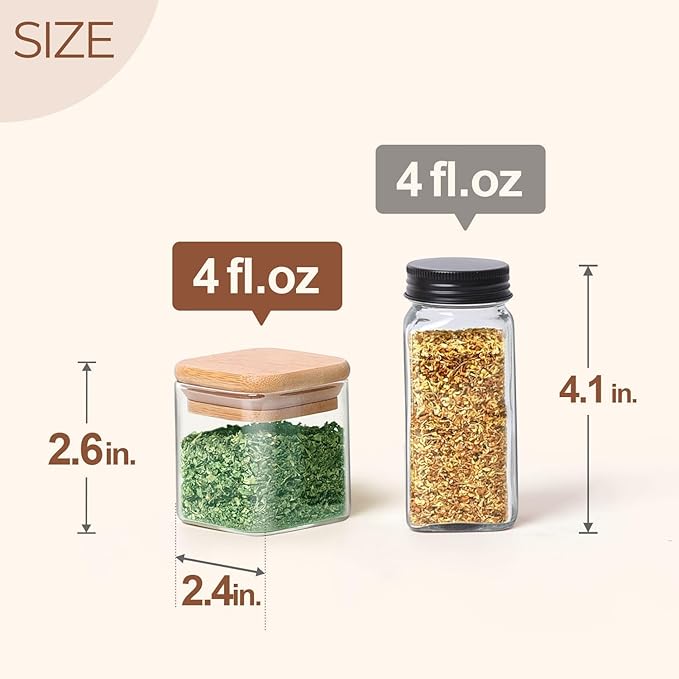 ComSaf Spice Jars with Labels 4 oz 6Pack, Small Spice Containers Starter Set, Glass Seasoning Jars with Lids, Square Seasoning Containers for Salt, Pepper, Chili Powder, Sugar, Ginger Ground, Cumin-Ruum Studio Home