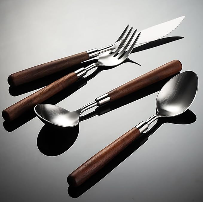 Flatware Set Wood Silverware Set for 12, Cutlery 18/8 Stainless Steel Home Kitchen Utensils Include Knifes Forks and Spoons Tableware Set Durable Dishwasher Safe 48 Piece-Ruum Studio Home