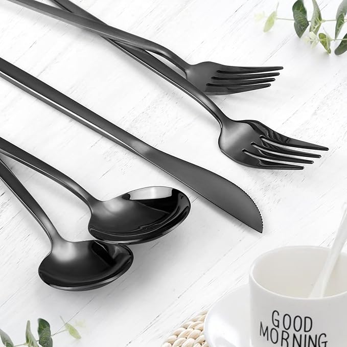 Black Silverware Set, KassKa 40 Pieces Flatware Cutlery Set, Stainless Steel Utensils Set Spoon Fork Knives Set for Home Restaurant and Kitchen, Mirror Polished Finished, Service for 8-Ruum Studio Home
