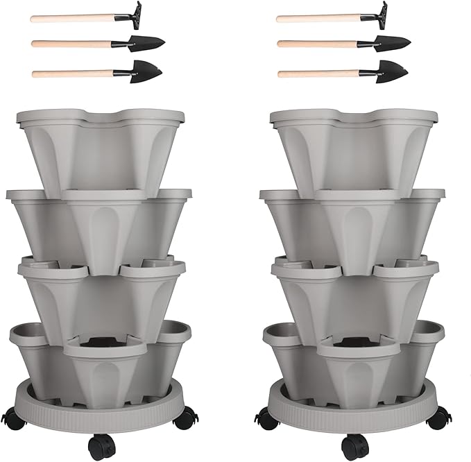 Vertical Planter 4 Tier Stackable Planters Garden Planters Strawberry Herb Flower and Vegetable Planter Indoor Outdoor Gardening Pots with Removable Wheels and Tools 2-Pack-Ruum Studio Home