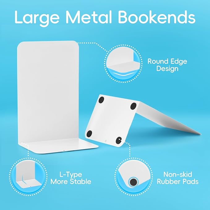 M&G Book Ends 1 Pair, White Large Metal Bookends for Shelves, L-Type Book Stopper for Heavy Books, Non-Skid Bookstand for Office Home School Supplies-Ruum Studio Home