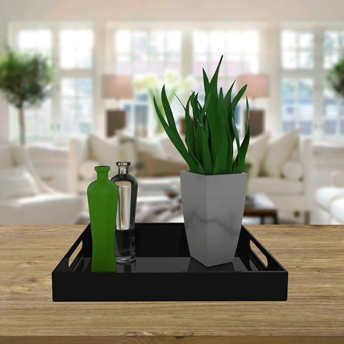 Black Acrylic Serving Tray for Vanity, Bathroom, Outdoor, Food and Décor with Handles (Rectangle, Small)-Ruum Studio Home