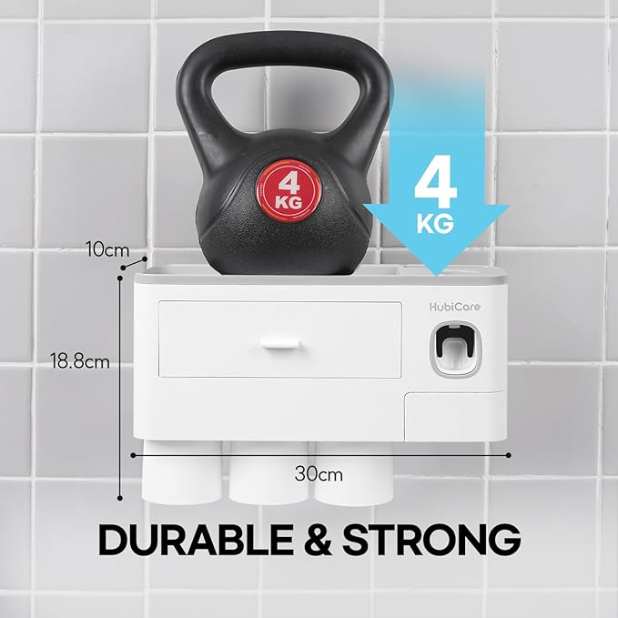HubiCare Toothbrush Holder with Toothpaste Dispenser Wall Mounted for Bathroom, Automatic Toothpaste Squeezer, Bathroom Organization and Storage, 5 Toothbrush Slots (3 Cups)-Ruum Studio Home