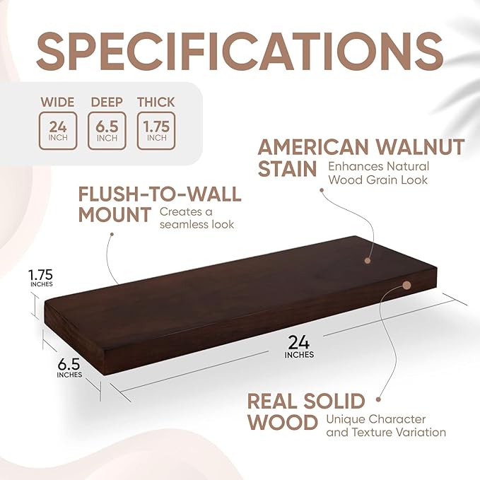 Homeforia 24inch Walnut Floating Shelves for Wall, High End Solid Real Wood 24in Floating Shelf for Bathroom, Dark Brown 24 inch Long Floating Shelves, Heavy Duty Bracket, 24 X 6.5 X 1.75 in, Set of 2-Ruum Studio Home