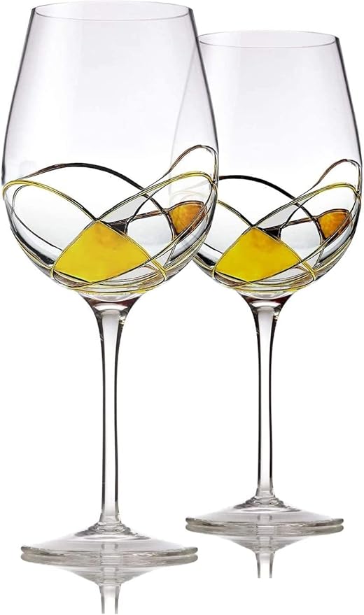 Bezrat Wine Glasses Hand Painted - Set of 2 - Women Wine Gift - Wine Lover Glass - Beautiful Glassware Gifts Ideas for Women Inspired by 'Duomo di Milano' Mothers Day - 12 oz (Gold)-Ruum Studio Home