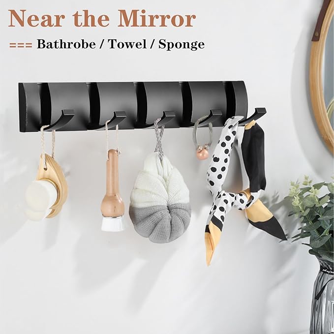 Folding Coat Hooks, Wall Mounted Coat Rack with 5 Retractable Hooks, Heavy Duty Towel Rack for Bathroom Wall Hook for Hanging Clothes Bathrobe, Stainless Steel Coat Hanger for Entryway(Black)-Ruum Studio Home