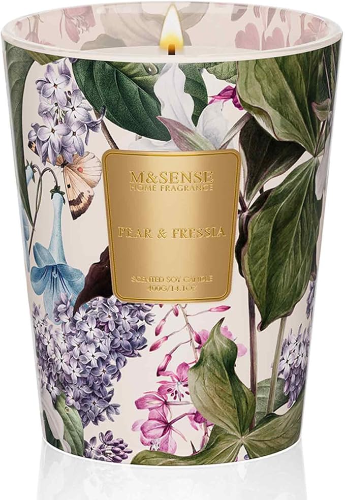 M&SENSE Pear Fressia Scented Natural Soy Wax Candle, 14.1oz 60 Hours Long Lasting Slow Burning Candles for Home Decor, Aromatherapy Candle for Stress Relief-Ruum Studio Home