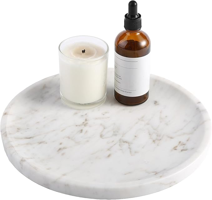 Natural Round Marble Tray - Luxury Decorative Serving Tray for Coffee Table, Bathroom Vanity, Dresser & Kitchen Countertop - Stone Organizer for Jewelry, Perfume, Candle, Home Decor(Volakas)-Ruum Studio Home