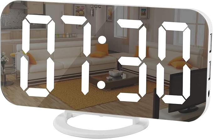 SZELAM Digital Clock Large Display, LED Electric Alarm Clocks Mirror Surface for Makeup with Diming Mode, 3 Levels Brightness, Dual USB Ports Modern Decoration for Home Bedroom Decor-White (001)-Ruum Studio Home