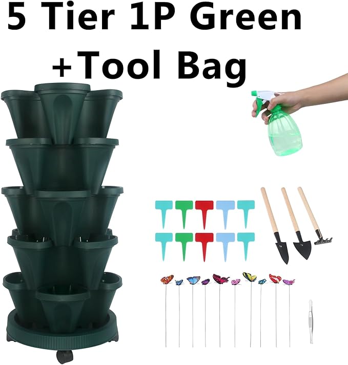 Vertical Planter, 5 Tier Stackable Strawberry Planter with Garden Tool Set, Movable Indoor/Outdoor Garden Herb Pot for Growing Vegetables and Succulents, Green-Ruum Studio Home