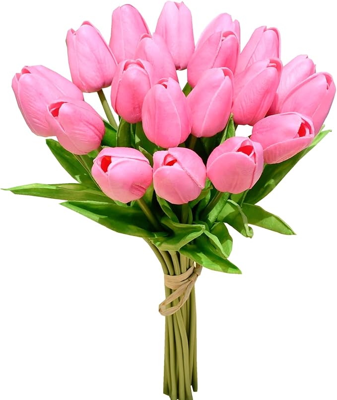 Mandy's Artificial Tulips 20 Stems Pink PU Faux Flowers for Wedding Home Decor 13.5 Inch-Ruum Studio Home