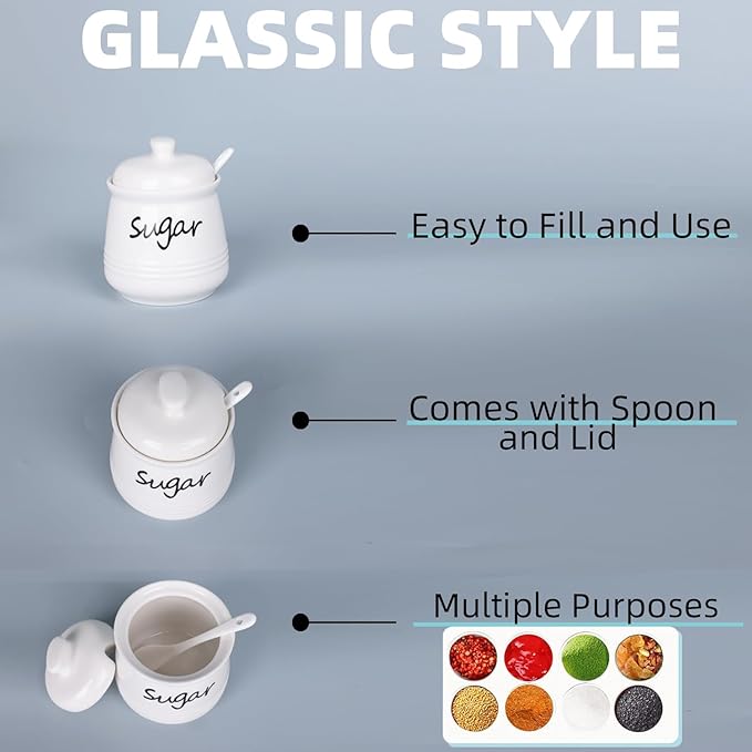 HAOTOP 12oz Sugar Bowl with Lid and Spoon,Ceramic Sugar Jar Sugar Dispenser Sugar Container Coffee Bar Accessories, Kitchen Countertop Canisters, White-Ruum Studio Home