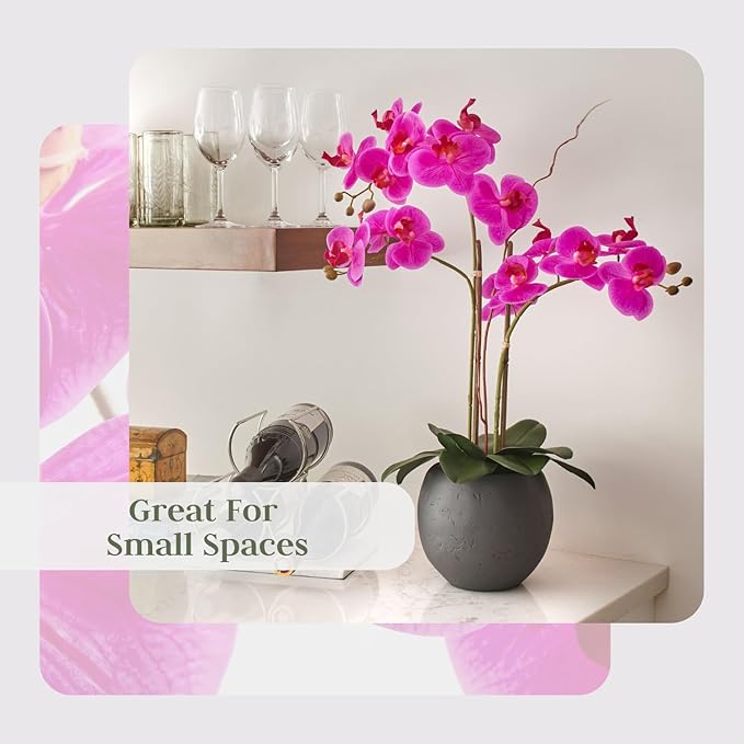 Faux Pink Orchid Plant, Premium Artificial Indoor Flower Display Stands 25-Inches with Beautiful Sculptural Blooms and Foliage That Lasts Forever, Grey Planter Pot Included-Ruum Studio Home