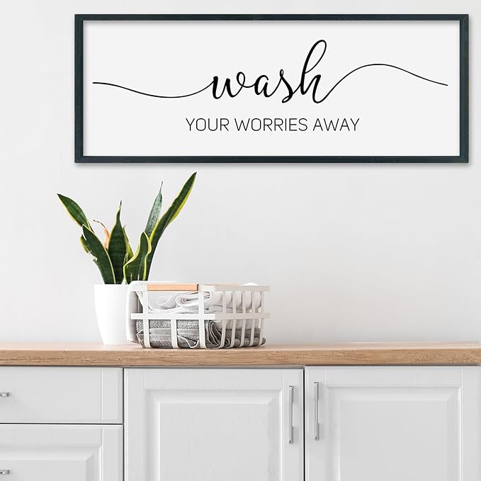 SRSZHIYUE Wash Your Worries Away Bathroom Sign Wall Art 32"×12" Funny Restroom Toilet Large Wood Framed Hanging Decor (Black)-Ruum Studio Home