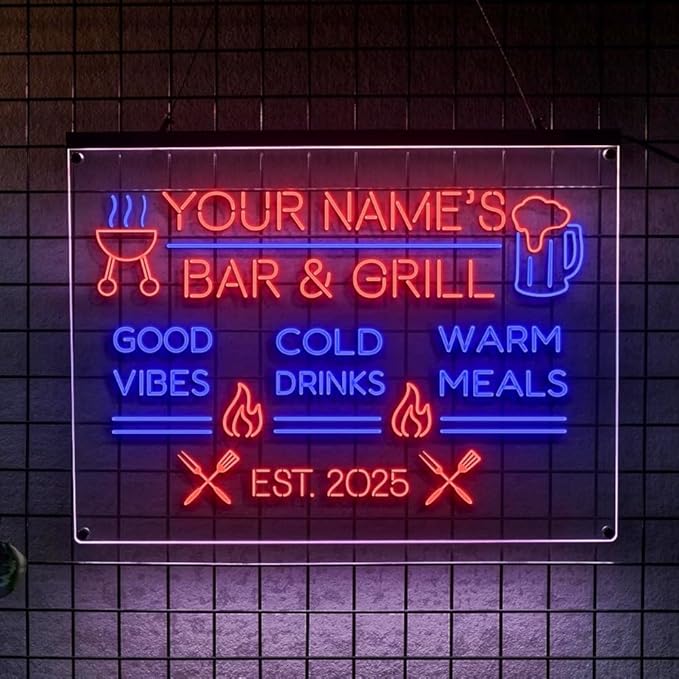 Personalized BBQ Neon Sign Custom Bar and Grill Sign Patio LED Lights Backyard Bar Signs for Men Outdoor Lighted Patio Acrylic Table Grilling Kitchen Home Garden Wall Decor-Ruum Studio Home