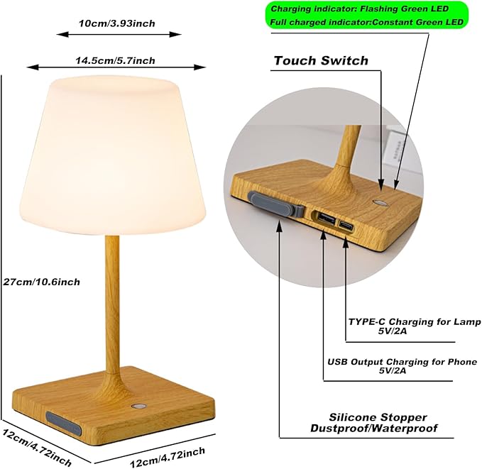 Cordless Table lamp, Outdoor Battery Operated Rechargeable Desk lamp,Waterproof Shower Lamp,4000mAh LED 3 Colors Dimmable Touch Lamps for Camping Patio Courtyard Bedroom-Wood-Ruum Studio Home