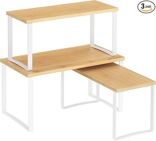 SONGMICS Cabinet Organizer Shelf, Set of 3 Kitchen Counter Shelves, Kitchen Storage, Spice Rack, Stackable, Expandable, Cloud White and Natural Beige UKCS014W01-Ruum Studio Home