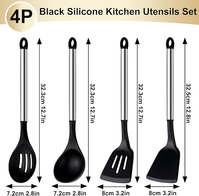 Pleafind 4-Pcs Silicone Cooking Utensils Set, Wok Utensils Set Include Wok Ladle, Slotted Spoon, Solid Spatula and Slotted Spatula, Silicone and Stainless Steel Kitchen Utensils, Dishwasher Safe-Ruum Studio Home