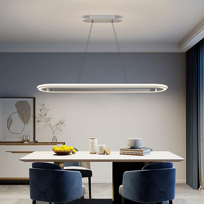 Island Lights, Linear Pendant Light LED Dimmable Hanging Light Fixture, 3000K-6000K with Remote Control,Chandeliers for Dining Room‎(Silver,43.3IN)-Ruum Studio Home