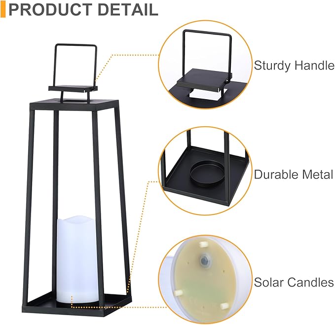 Solar Lantern Decorative Outdoor Set of 2 (18’’ & 15’’) Modern Black Metal Lanterns with Solar Candles, Decorative Candle Lanterns for Outdoor Porch, Patio, Garden, Yard Decor-Ruum Studio Home
