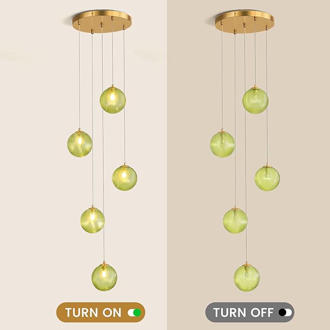 5-Light Chandelier, Globe Green Glass Flush Mount Pendant Light,15W Ceiling Hanging Light for Staircase Foyer Entryway Living Room Hotel Kitchen Island（3000K,G9 Bulbs Include）-Ruum Studio Home