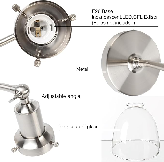 PERMO Industrial Vintage Slope Pole Wall Mount Single Sconce with 6.7" Oval Dome Clear Glass Shade Wall Sconce Light Lamp Fixture (Brushed Nickel)-Ruum Studio Home