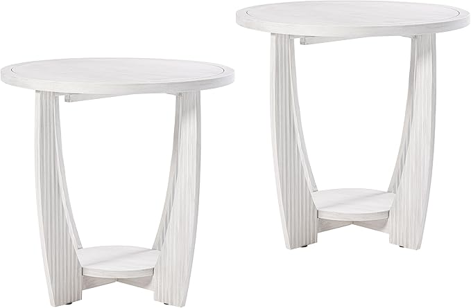 Rustic Farmhouse end Table X 2P with Storage Shelf, French Country Accent Side Table for Family, Dinning or Living Room, Small Spaces, Modern, Round, White-Ruum Studio Home