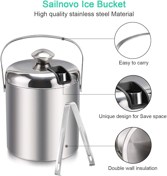 Sailnovo Ice Bucket, Double-Wall Stainless Steel Insulated Ice Buckets With Lid and Ice Tong, Ideal for Cocktail Bar, Parties, Chilling Wine, Champagne - 1.2 Liter Ice Container-Ruum Studio Home