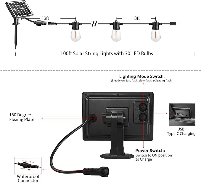 SUNTHIN 100ft Solar String Light Outdoor, USB Rechargeable Patio Solar Outdoor Lights with Waterproof & Shatterproof 30 LED Bulbs for Backyard, Porch, Garden, Pool, Party, Camping-Ruum Studio Home