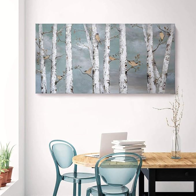 amatop Large Tree Wall Art Hand-Painted Landscape Forest Oil Painting Gallery Wrapped Framed Canvas Gold Bird Artwork 'White Birch at Night' for Living Room Bedroom Office Decor Teal White 48"x24"-Ruum Studio Home