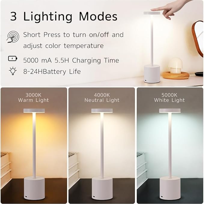 Cordless Table Lamp, 5000mAh Rechargeable Battery Powered LED Desk Lamp, Portable Touch Control Outdoor Table Lamps,3 Color Dimmable Light for Restaurant, Patio, Bedroom, Night Lamp (White)-Ruum Studio Home