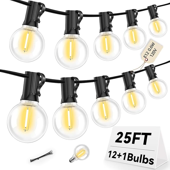 25FT G40 LED Outdoor String Lights with 12+1 Bulbs, E12 Socket, 2700K Warm White, Commercial Grade Weatherproof & Connectable for Garden, Patio, Backyard, Bistro, Porch, Deck, Gazebo, Camping, Party-Ruum Studio Home