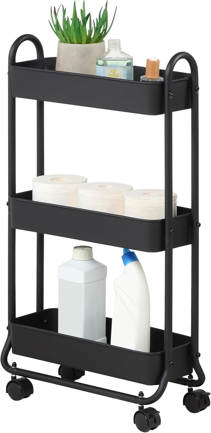 SunnyPoint Slim Rolling Storage Cart, 3 Tier Bathroom Storage Organizer Bathroom, Laundry Utility Cart (Black)-Ruum Studio Home
