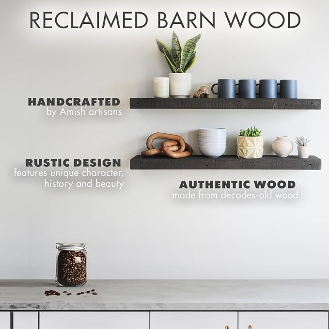 Urban Legacy Reclaimed Barnwood Planks | Floating Shelves for Wall w/Flush Mount Shelf Bracket Set Included | Set of 2 (Coffee Bean, 40"x7"x 2")-Ruum Studio Home