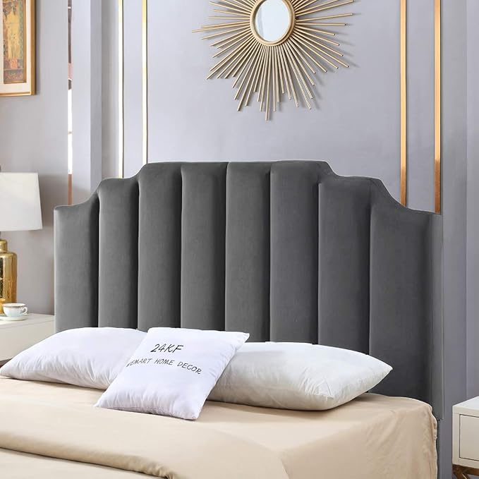 24KF Dark Gray Velvet Tufted Queen Upholstered Headboard, Modern Vertical Channel Design California Queen/Full Headboard with Stepped Silhouette Top Edge,Dark Gray-Ruum Studio Home