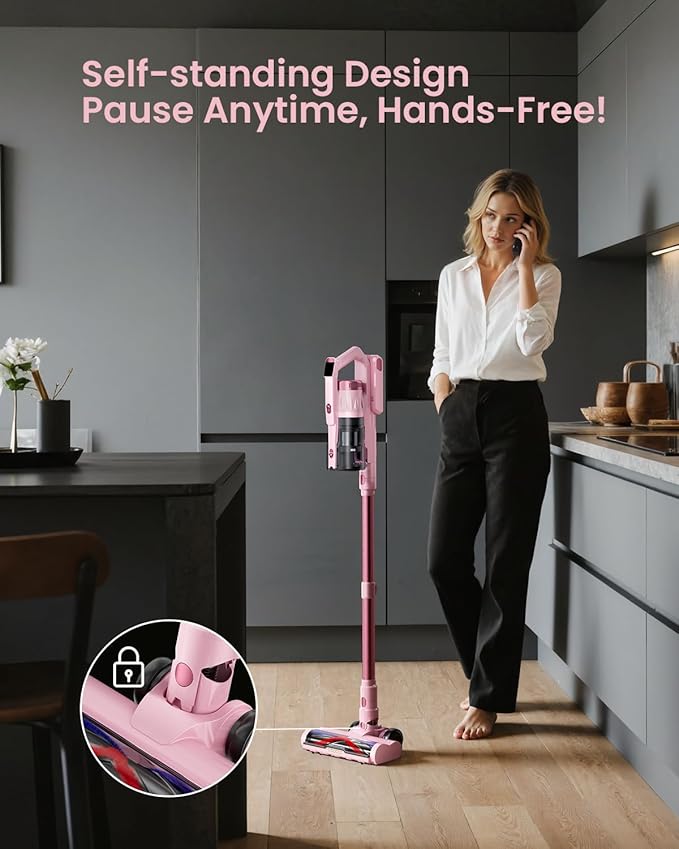 Cordless Vacuum Cleaner for Home, Upgraded 60Kpa Powerful Suction Pet Hair Vacuum with 70min Runtime, Green LED Light for Hardwood Floors & Carpet, Self-Standing Rechargeable Stick Vacuum, Pink-Ruum Studio Home