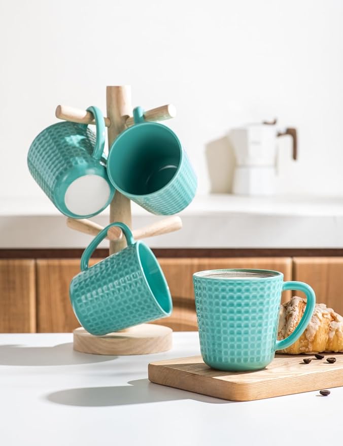Ceramic Coffee Mugs 15 oz, Large Waffle Embossed Mug Set with Handle, Unique Coffee Cups for Latte, Cappuccino, Cocoa, Hot Tea, Mocha, Milk, Housewarming Wedding Present - Set of 4 (Turquoise)-Ruum Studio Home