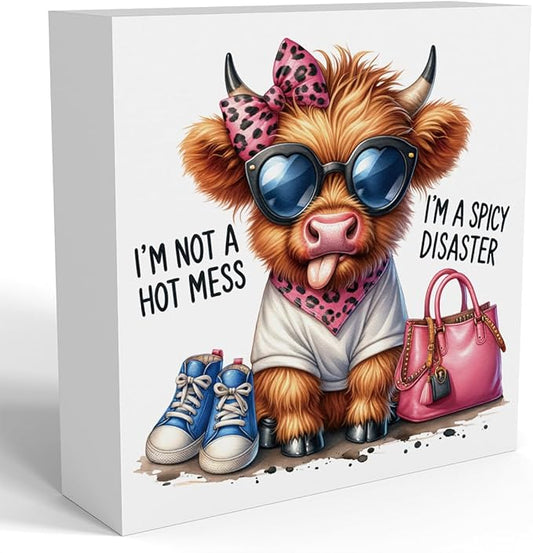 Funny Cute Highland Cow Baby Decor, Cow With Pink Bow, Highland Cow Gifts for women, Western Highland Cow Nursery Decor, Wooden Box Decor Sign for Home Farmhouse Office Living Room Table Shelf-Ruum Studio Home