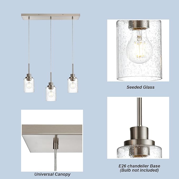 3-Light Farmhouse Chandelier Light Fixture Brushed Nickel Clear Seeded Glass Dining Room Hanging Modern Pendant Lighting Over Table,Traditional Ceiling Lights for Kitchen Island Entryway-Ruum Studio Home