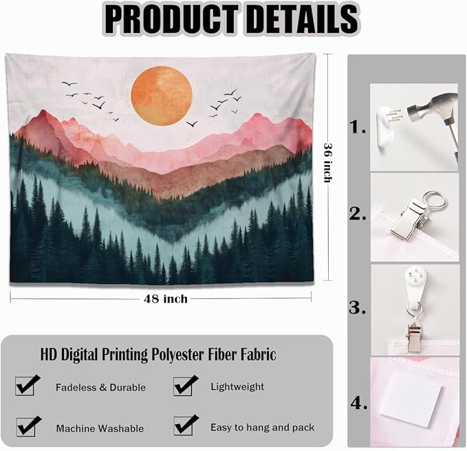 keowhsf Sunset Mountain Forest Tapestry - Large Nature Landscape Wall Hanging, Aesthetic Pine Tree Scenery Wall Art for Bedroom & Living Room Decor-Ruum Studio Home